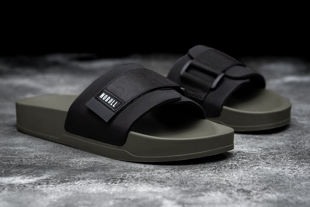 Nobull Adjustable Men's Slides Black Dark Green | Australia (TJ8295)